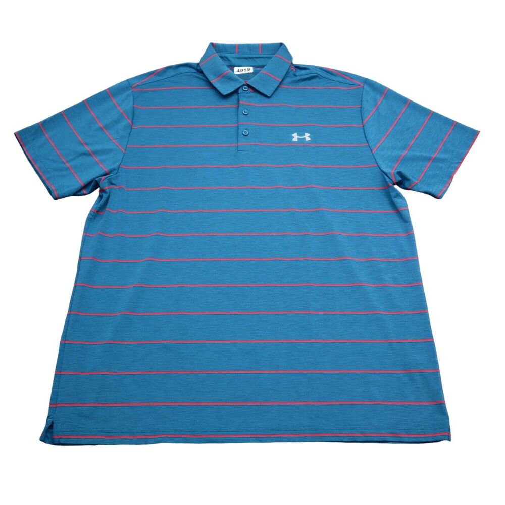 Under Armour Shirt Mens XL Blue Red Striped Polo Stretch Athletic Heat Gear